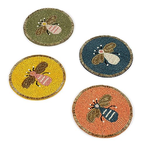 Image of Dreamy Walls 4'' Honeybee Beaded Coasters for Drinks, Tabletop & Coffee Table | Easy Clean, Non-Slip & Heat-Resistant, Party /Office /Home Decor | 4 Inches, Set of 4, Multicolor, Embroidered, Round