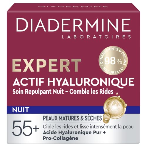 Diadermine - Crème de Nuit Expert - Soin Repulpant à l'Acide Hyaluronique - Cible les Rides - Repulpe la Peau - Peaux Matures et Sèches - 98% d'Ingrédients...