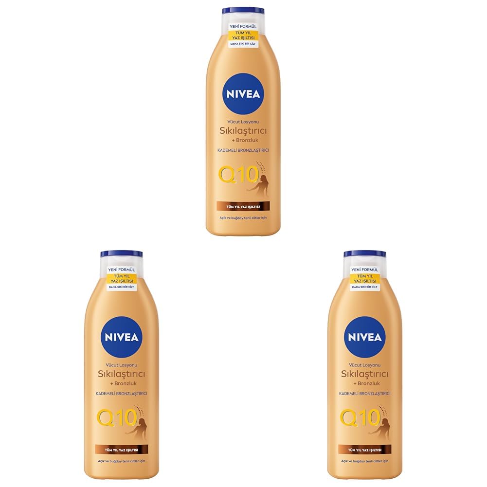 NIVEA Q10 Sıkılaştırıcı Ve Bronzlaştırıcı Vücut Losyonu 250ml, Kademeli Doğal Bronzluk, 7 Günde Sıkı Cilt, Açık ve Buğday Tenli Ciltler (3 paketi)