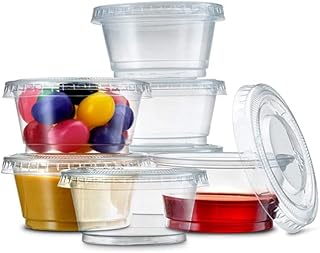 Disposable Plastic Portion Cups with Lids, Soufflé Cups, Jello Shot Cups, Condiment Sauce Containers (200, 2oz)