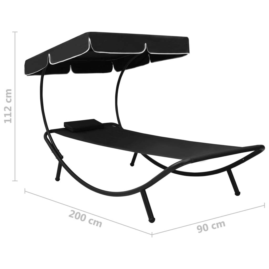 Sonnenliege mit Sonnendach und Kissen Schwarz wetterfeste Gartenliege 200x90cm klappbar verstellbar mit Polster ideal für Terrasse Balkon und Outdoor Relaxliege mit Dach und Rollfunktion