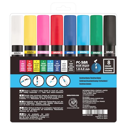 Image of POSCA PC-5BR Water-Based Paint Markers, Reversible Brush Tip (1.0-4.0mm), Assorted Colors, 8 pack