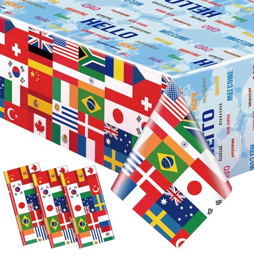 Image of Frienda 3 Pcs International Flag Table Cover Patriotic Table Cloth World Country Flags Plastic Tablecloth Travel for Festival Events Celebration Party Decorations Soccer Sports Beer Party, 108x54 Inch