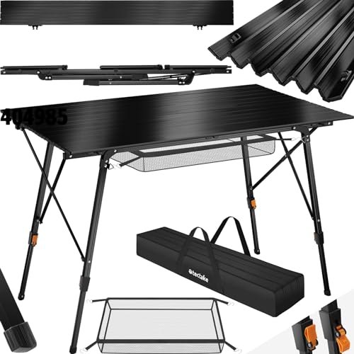 TecTake® Mesa Camping Plegable con Altura Ajustable, Mesa Auxiliar de Aluminio con Topes, Mesa Exterior para Jardín, Terraza, Picnic, con Red Almacenamiento y Bolsa de Transporte, 120x70,5x79 - Negra