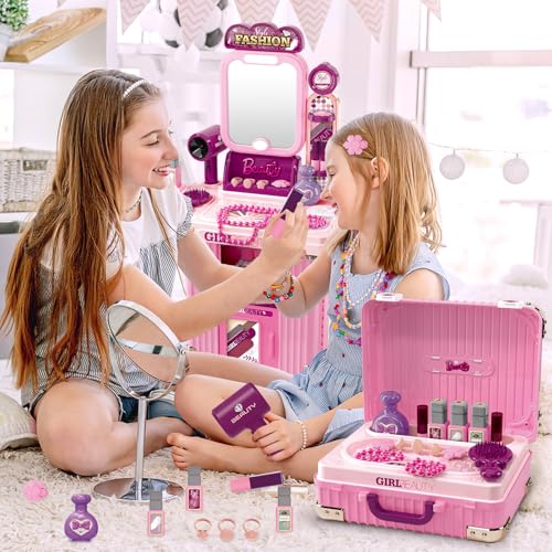 deAO Kinder Schminktisch für Mädchen, 2 in 1 Kinderschminktisch Frisiertisch mit Musik & Licht 18 Stücke Princess Schönheitsstudio Kinderschminke Friseur Set für Kinder ab 3 Jahren