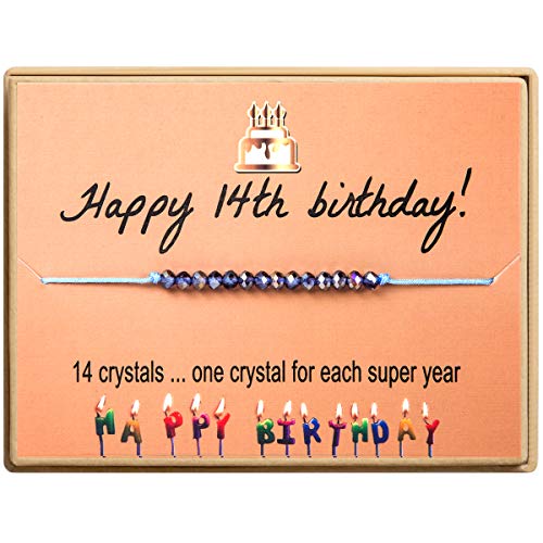 KGBNCIE Happy 14 Year Old Gifts for Girls Crystal Bead Bracelet for 14th Birthday Gift Adjustable Jewelry for Her