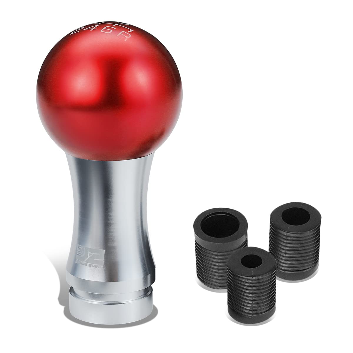 J2 Engineering J2-SK-010-RD 2-Piece Ball Teardrop Style Aluminum 6-Speed Manual Transmission Shift Knob with Thread Adapters Fits M8 M10 M12,Red/Silver