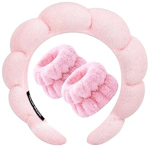 Zkptops Spa Headband for Washing Face Wristband Set Sponge Makeup Skincare, Terry Cloth Bubble Soft Get Ready Hairband for Women Girl Puffy Padded Headwear Non Slip Thick Hair Accessory(Pink)