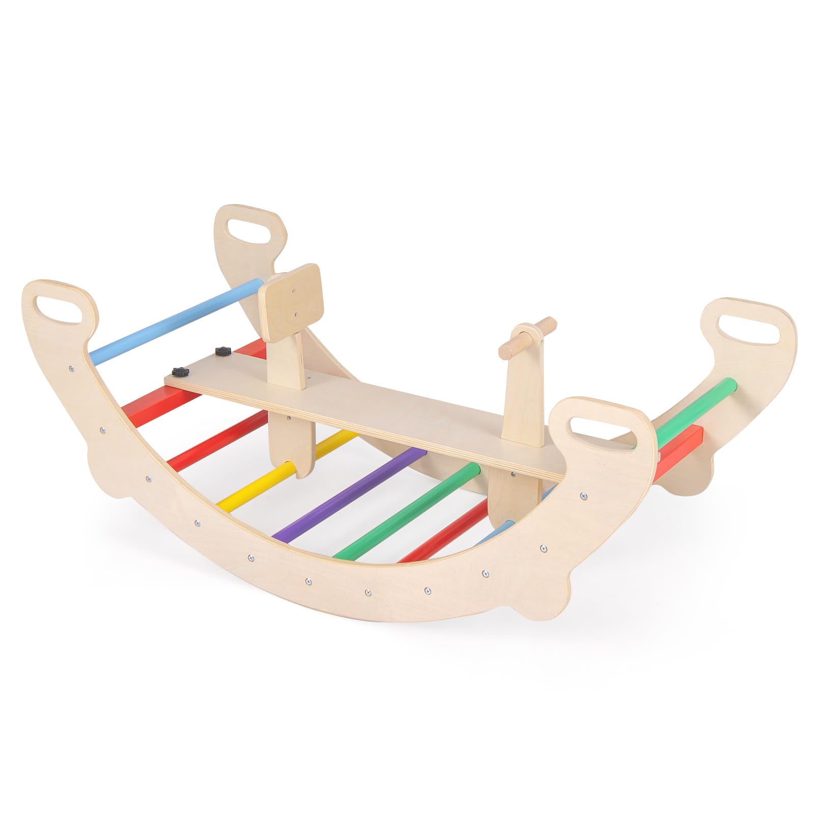 COSTWAY Kletterbogen, mit abnehmbarem Sitz, 4 in 1 Klettergerüst Indoor zum Wippen, Schaukeln, Klettern und Krabbeln, Kletterdreieck Holz, Bogenwippe für Kinder ab 1 Jahre, Sitzhöhe 23,5cm (Bunt)