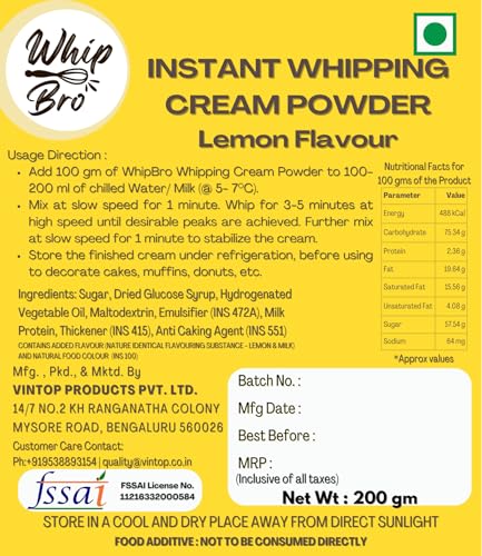 Image of WhipBro Whipping Cream Powder | Lemon Flavour | For Cakes & Desserts (200 g)