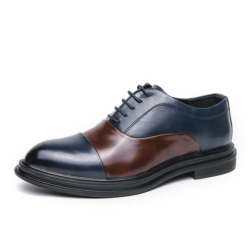 Dress Formal Shoes for Men Lace Up Pointed Burnished Toe Two Tone PU Leather Cap Toe Rubber Sole Resistant Non Slip Block Heel Low Top Wedding