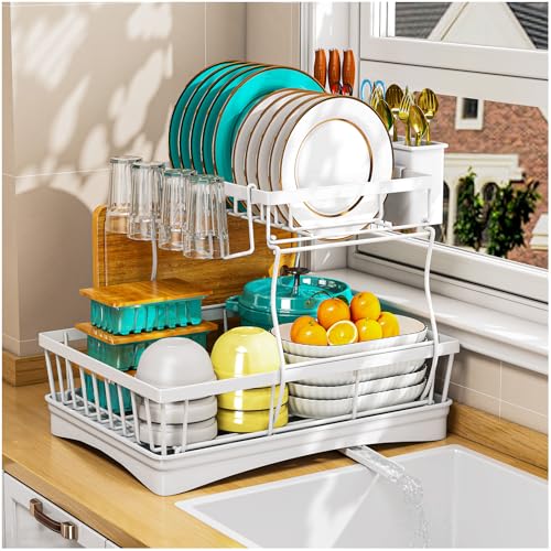 Image of 2 Tier Dish Drainer Rack for Kitchen with Drip Tray,Utensil & Cutting Board Holders for Kitchen Counter