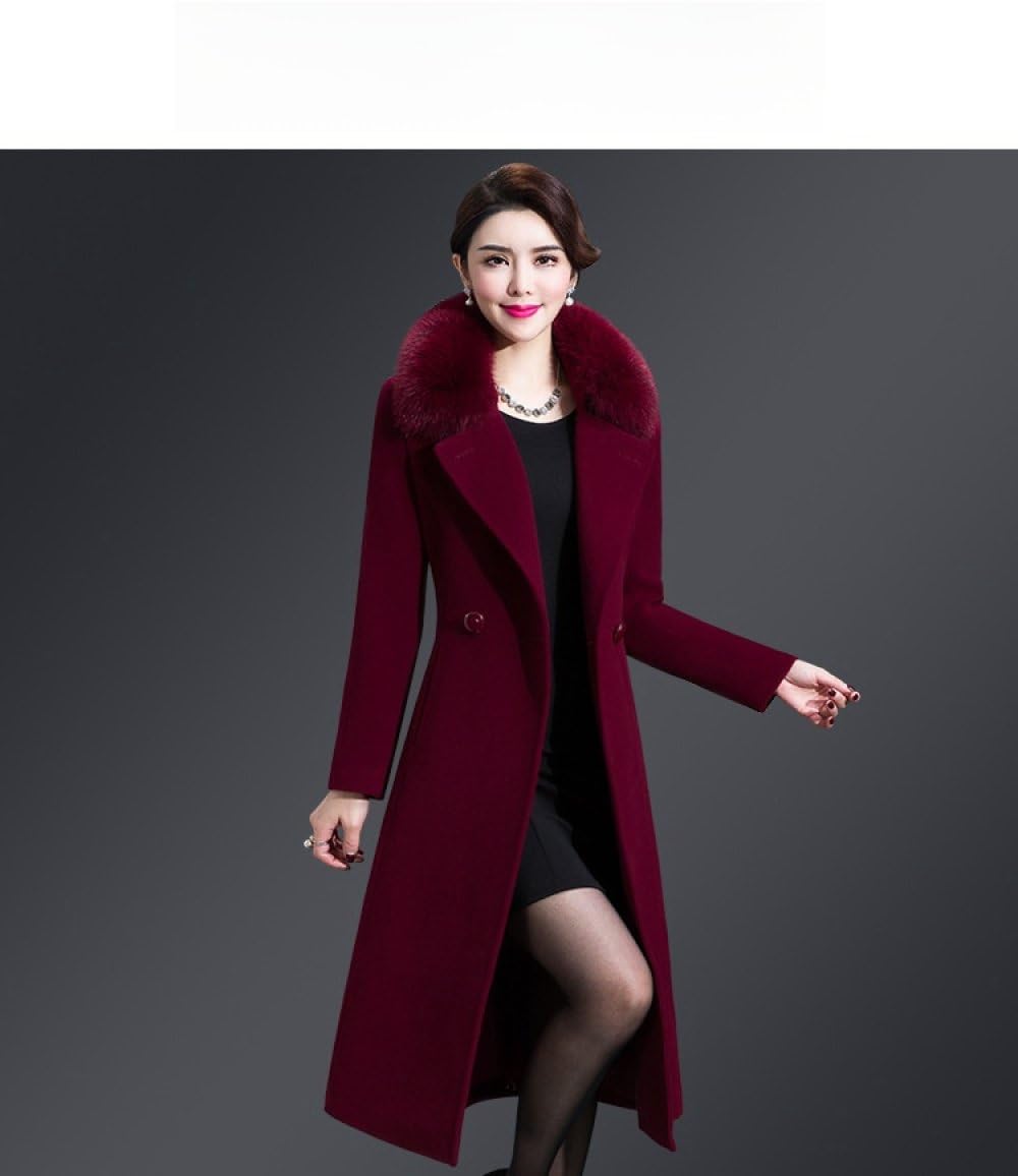 Trench Lungo da Donna Rosso Scuro Invernale in Misto Lana,Pelliccia Sintetica Bavero Colletto Dentellato Giacca Media Lunghezza Doppio Petto con Cintura,Manica Lunga Calda Autunnale Vestibi