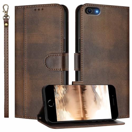 JanCalm for iPhone SE Case 2022 (3rd)/2020 (2nd),for iPhone 6/6S/7/8 Wallet Case, Card Holder Slots & Wrist Strap, PU Leather Flip Cover, Magnetic Closure, Kickstand, Folio Protective (Brown)