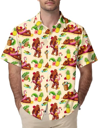 EoBeKee Mens Tropical Flamingo Bigfoot Hawaiian Shirt Casual Funny Short Sleeve Novelty Button Down Shirts for Summer Beach