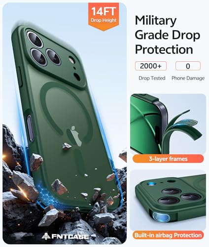 Image of FNTCASE for iPhone 17 Pro Case: [Compatible with Magsafe] Translucent Matte Cases with [Full Camera Protection] [Screen Protector] Military Grade Shockproof Protective Phone Cover - Green