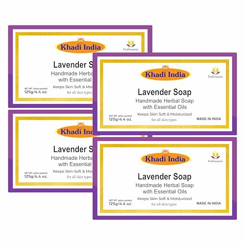 Image of Khadi 100% Pure & Natural Handmade Lavender Soap | Natural Soap with Essential Oils Pack of 3 |125gm *4) (500gm)