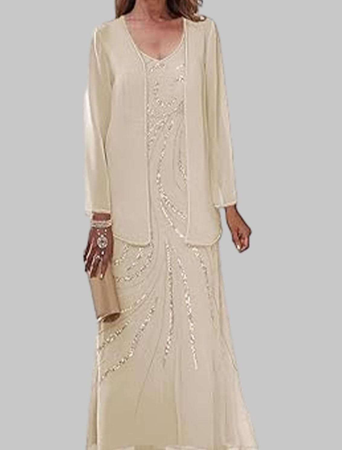 Two Pieces Elegant Mother of The Bride Dress Ankle Length V Neck 3/4 Length Sleeve Wedding Guest Dress Sequin 2025