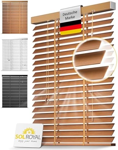 Sol Royal Holzjalousie 50 mm Lamellen extra breit Massivholz Echtholz | 105x180 cm Eichenoptik Fensterjalousie Holzrollo Wand & Decke Blickschutz Jalousie Fenster & Tür Rollo BE5