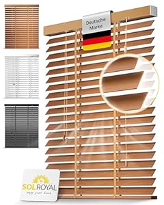 Sol Royal Holzjalousie 50 mm Lamellen extra breit – Fensterjalousie 140x180 cm Holzrollo einfache Montage Wand & Decke – Blickschutz Jalousie Fenster & Tür Massivholz Echtholz Rollo Eichenoptik – BE5