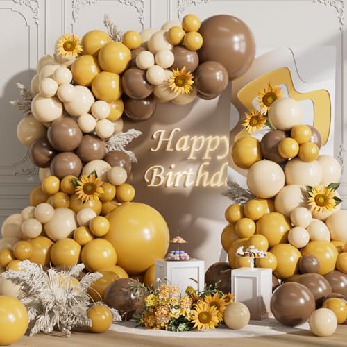 Image of Mustard Yellow Balloons Arch Kit 155Pcs Sand Brown 18 10 5 Inch | Yellow White Ivory Different Sizes Mustard Latex Balloon Garland for Birthday Anniversary Sunflower Bee Party Decorations