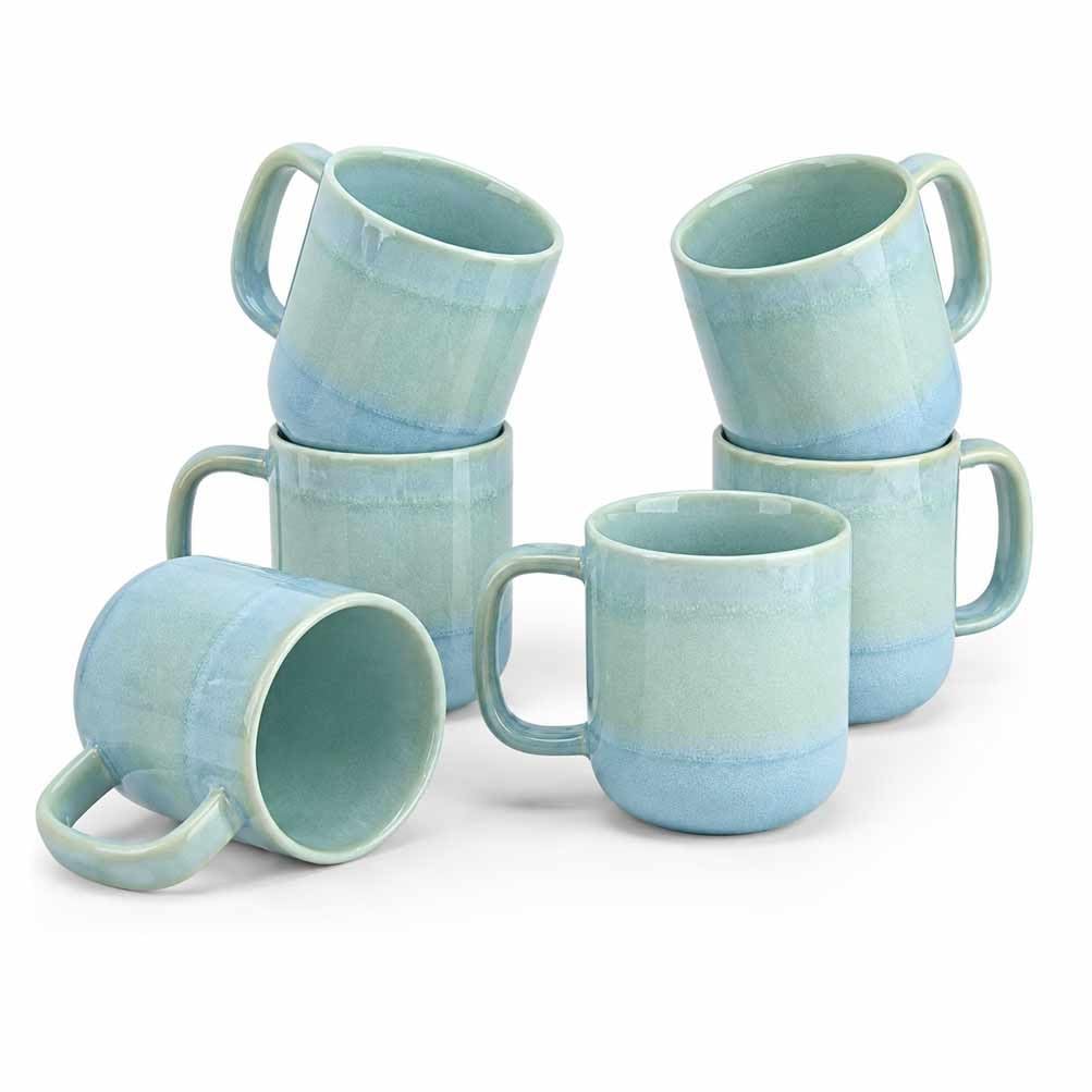 superyes Aqua Mint Ceramic Coffee Mug Set of 6, Large 15 oz Two-Tone Reactive Glaze Porcelain Tea Cups with Large Handle, 6-Piece Ocean Blue Ombre Artisan Cocoa Mugs for Latte & Cappuccino