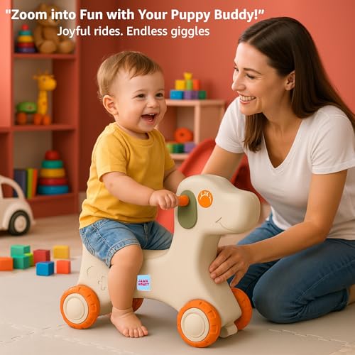 Image of Amazon Brand - Jam & Honey Baby Puppy Push On Ride On for Kids | Backrest | Easy Grip | Four Wheel | Durable and Safe | Non-Toxic | Portable | Lightweight | Animal Theme | 1-4 Years Old | Orange