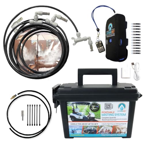 Professional Grade Portable Misting System - 4 Mist Nozzles | Pump | Easy to Setup | 16 ft. Mist Line for Outdoor Patios, Golf Carts, Greenhouses, Canopy and Decks - Cools The air up to 30°F (17°C)!