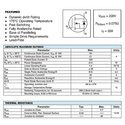 Image of IRFP250 IRFP250N MOSFET Transistors 30A 200V IRFP250NPBF N-Channel Power Mosfets Transistor 30 Amp 200Volt TO-247 (Pack of 5pcs)