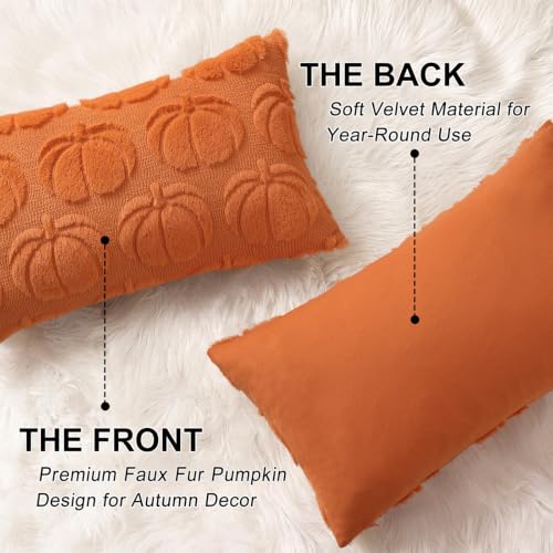 Image of decorUhome Fall Decorative Orange Pumpkin Throw Pillow Covers 12x20 Set of 2, Soft Faux Fur Plush Farmhouse Accent Pillow Cases for Couch Bed Sofa Autumn Harvest Halloween Holiday Home Decor