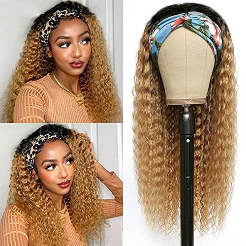 Headband Wig for Black Women Glueless Long Curly Dark Brown Ombre Non Lace Front Wig Natural Looking High Density Deep Wave Headband Wigs with Attached Scarft 16"