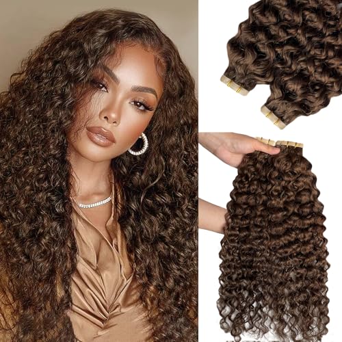 Tape in Hair Extensions Real Human Hair, Curly Chocolate Brown Remy Hair Extensions 20pcs 50g 20 Inch Human Hair Tape in Extensions Water Wave Skin Weft Tape Extensions Human Hair