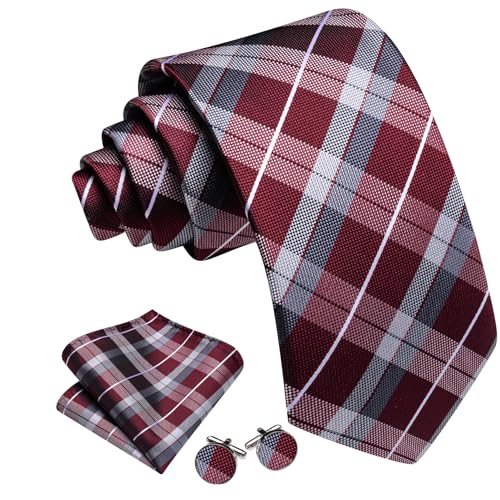 Image of Barry.Wang Plaid Ties Check Mens Necktie Set with Handkerchief Cufflinks Classic Stripe
