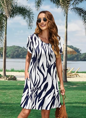 PLOKNRD Sommerkleid Damen Blütenblatt Ärmel T-Shirt Kleid Rundhals Blumenmuster Freizeitkleid Leicht und Luftig mit Taschen(Blatt Navy Weiß,M