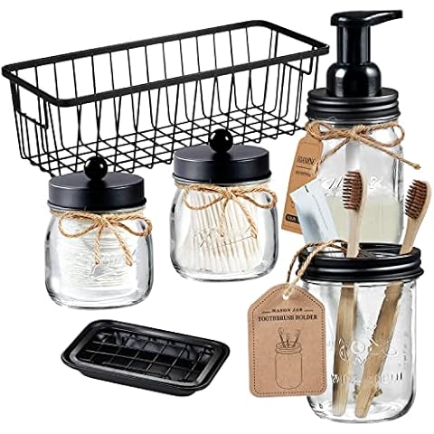 SheeChung Bathroom Accessory Set, 6 Pcs Bathroom Accesories, Farmhouse Decor - Toothbrush Holder, Soap Dispenser, Qtip Holders, Soap Dish, Bathroom Organizers - Black Cover