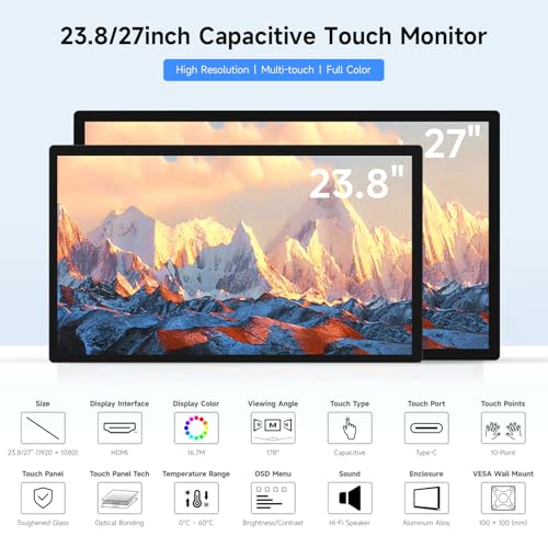 Image of waveshare 23.8inch Capacitive Touch Monitor, 1920x1080 Full HD, Optical Bonding Toughened Glass Panel, HDMI Display Interface, 10-Point Touch