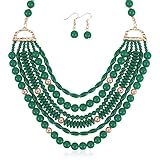 RIAH FASHION Multi Beaded Bubble Statement Necklace - Round Ball Chunky Drape Bib Collar Marbled, 7 Layer Long (Layered Bib Statement Necklace Set - Emerald)