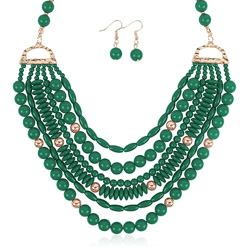 RIAH FASHION Multi Beaded Bubble Statement Necklace - Round Ball Chunky Drape Bib Collar Marbled, 7 Layer Long (Layered Bib Statement Necklace Set - Emerald)