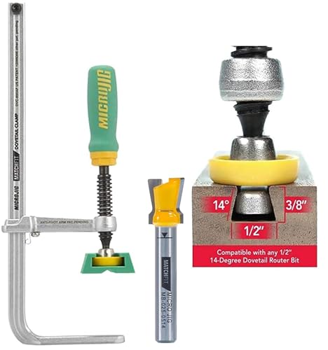 Image of MICROJIG Matchfit DVC-850AP 2-In1, Track And In-Line Dovetail Clamp With Dovetail 1/4" Shank 14° X 1/2" Router Bit Bundle