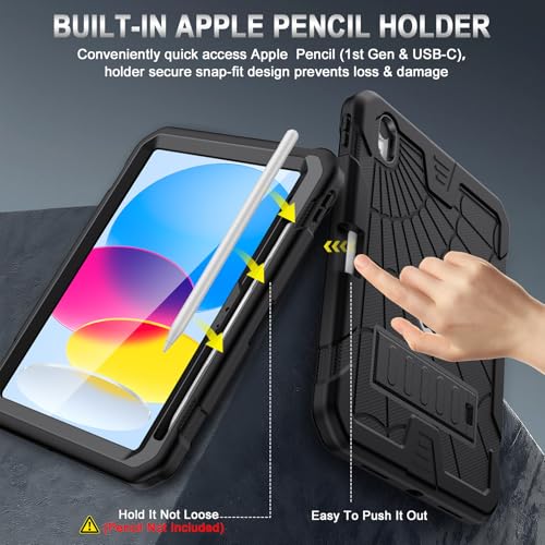 Sibeitu for iPad A16 Case 11th Generation 11 Inch 2025 / iPad 10th Generation Case 10.9 Inch 2022, Rugged Heavy Duty Military Grade Protective Cover Built-in Pencil Holder for i Pad 11/10 Gen, Black