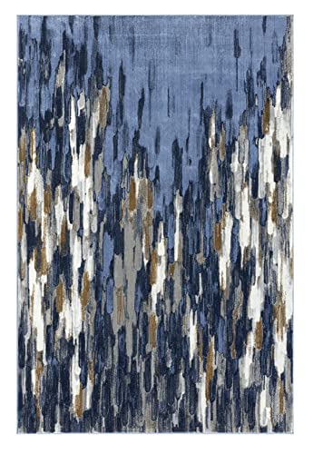Abani Rugs Drip Blue & Metallic Gold Contemporary Abstract Area Rug Contemporary Style, Porto Collection Stain Shedding Resistant, 6' X 9' Rectangle #TOP1
