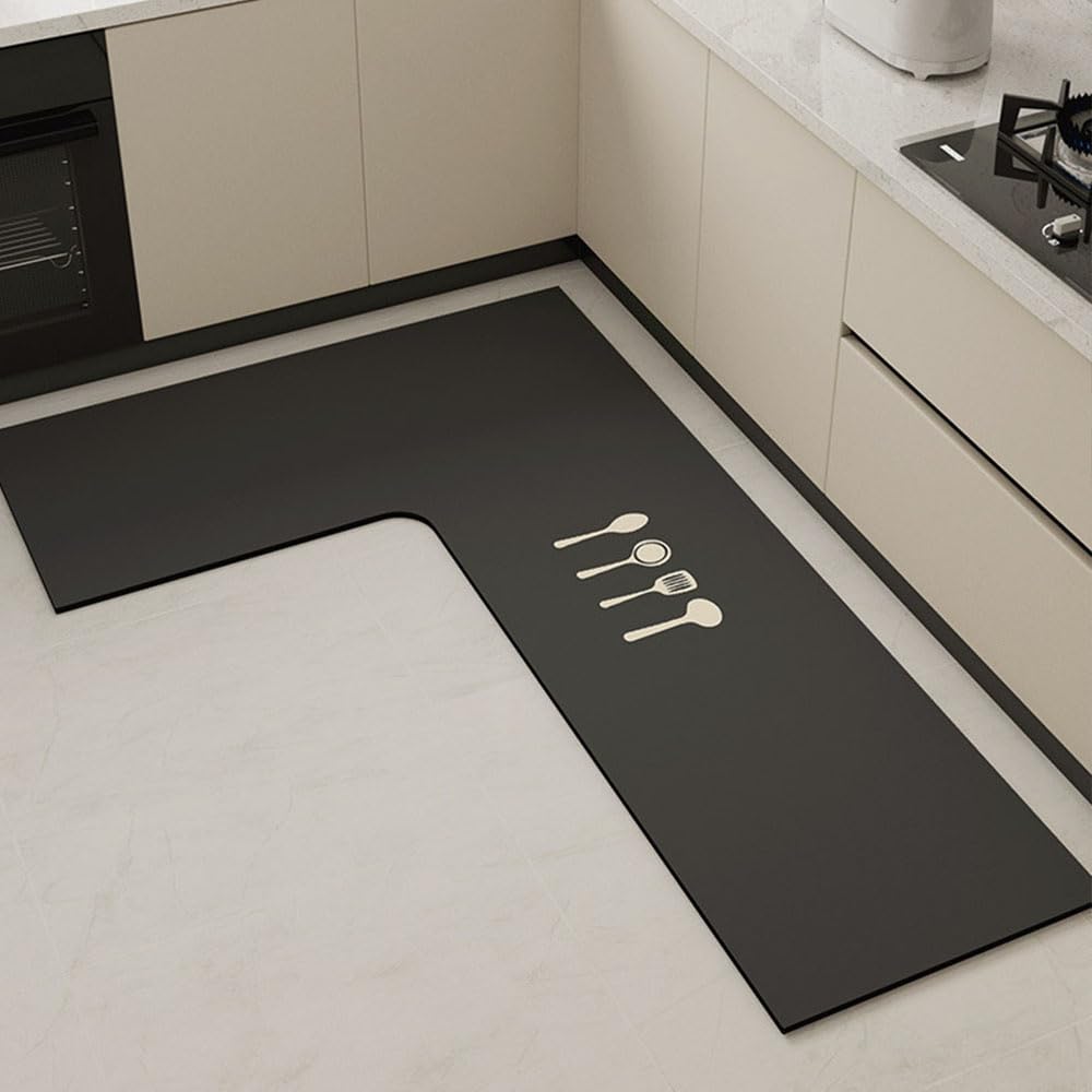Treer Kitchen Rug Kitchen Floor Mat L-shaped Non Slip Washable Waterproof Anti-Fatigue Standing Mat Diatom Mud Long Carpet for Hallway Sink Laundry Office Entryway (Tableware-right,80x120x45cm)