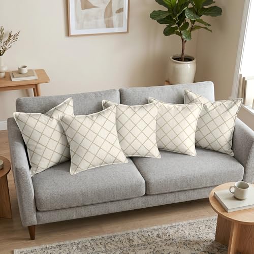 Image of Divine Casa Decorative Cushion Cover Set of 5 Sand | Velvet Feel Polyester Cushion Covers 16x16 Inch | Sofa Cushion Covers with Golden Lace Border | Elegant Cushion Covers