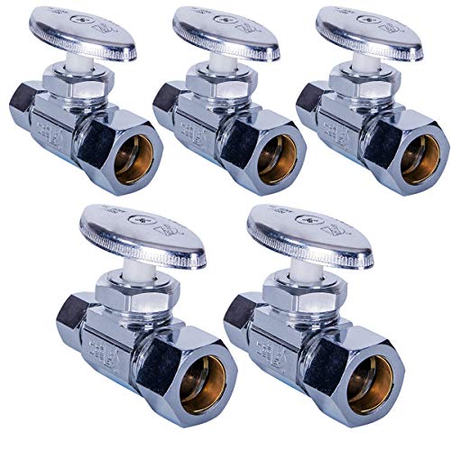 Image of Midline Valve 72358QS-OM-5 Water Supply Stop Valve with Multi-Turn Wheel; Straight Shut-off for Toilet, Sink, Dishwasher, Heater; 5 /8'' x 3 /8'' Compression; Chrome Plated Brass (5 PK)