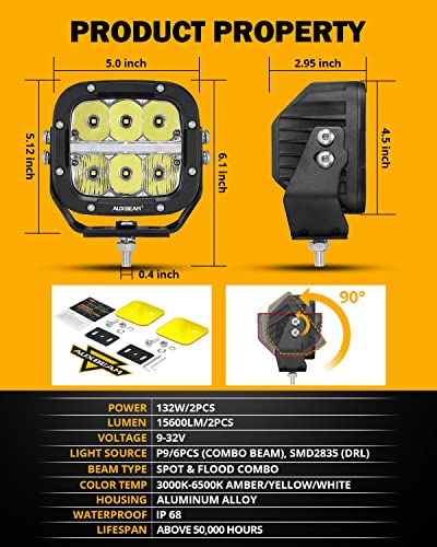 Image of Auxbeam XP-Ultra Series 5 Inch 15600LM LED Off-Road Lights with Amber DRL | 132W Output, Spot Flood Combo, Amber White Lens, Offroad Driving Light, IP68 Waterproof, for Trucks Jeep Wrangler 4x4 ATV UTV