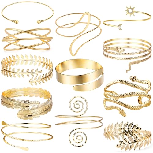 12 Pcs Arm Cuff Bracelets for Women Boho Upper Arm Bands Leather Armband Armlet Feather Cuff Bangle Bracelet Open Gold Arm Cuffs Set