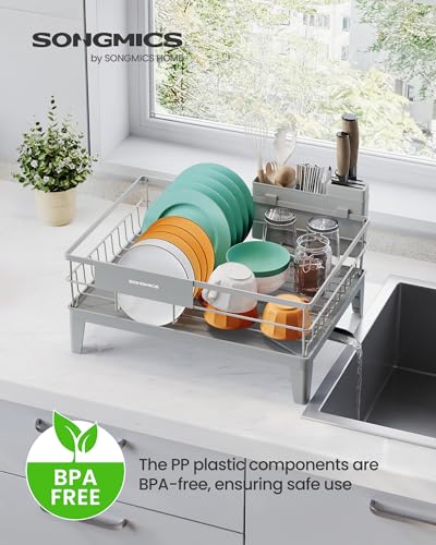Image of SONGMICS Dish Drying Rack, Kitchen Dish Rack with Drainboard, 360 Rotatable and Extendable Spout, with Cutlery Holder, 12.2 x 16.5 x 7.3 Inches, Dove Gray UKCS550G01