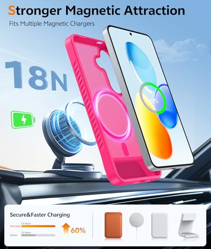 Image of FNTCASE for Samsung Galaxy S25-Plus Case: [Magnetic Stand] [Compatible with Magsafe] Translucent Matte Military Grade Shockproof Drop Rugged Protective Phone Cover, Hot Pink