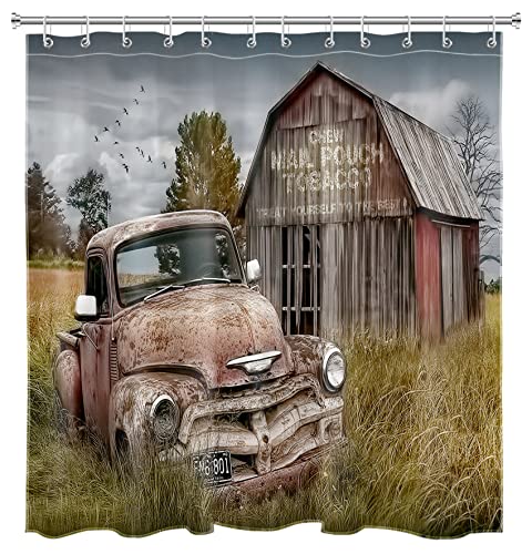 Ecotob Farmhouse Vintage Old Truck Shower Curtain For Bathroom, Rustic Wooden Barn Vintage American Classic Antique Car Farm Truck Fabric Bathroom Decor Set With Shower Curtain Hooks, 72X72 Inch #TOP1