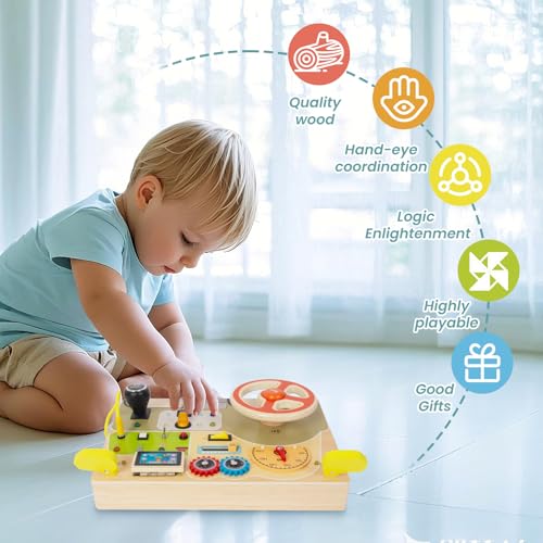 Image of Montessori Busy Board for Toddlers Baby Busy Board Car Steering Wheel Wooden Sensory Board Travel Toys for Fine Motor Skill Gift for 3+ Years Old Boys Girls Christmas Birthday Parents